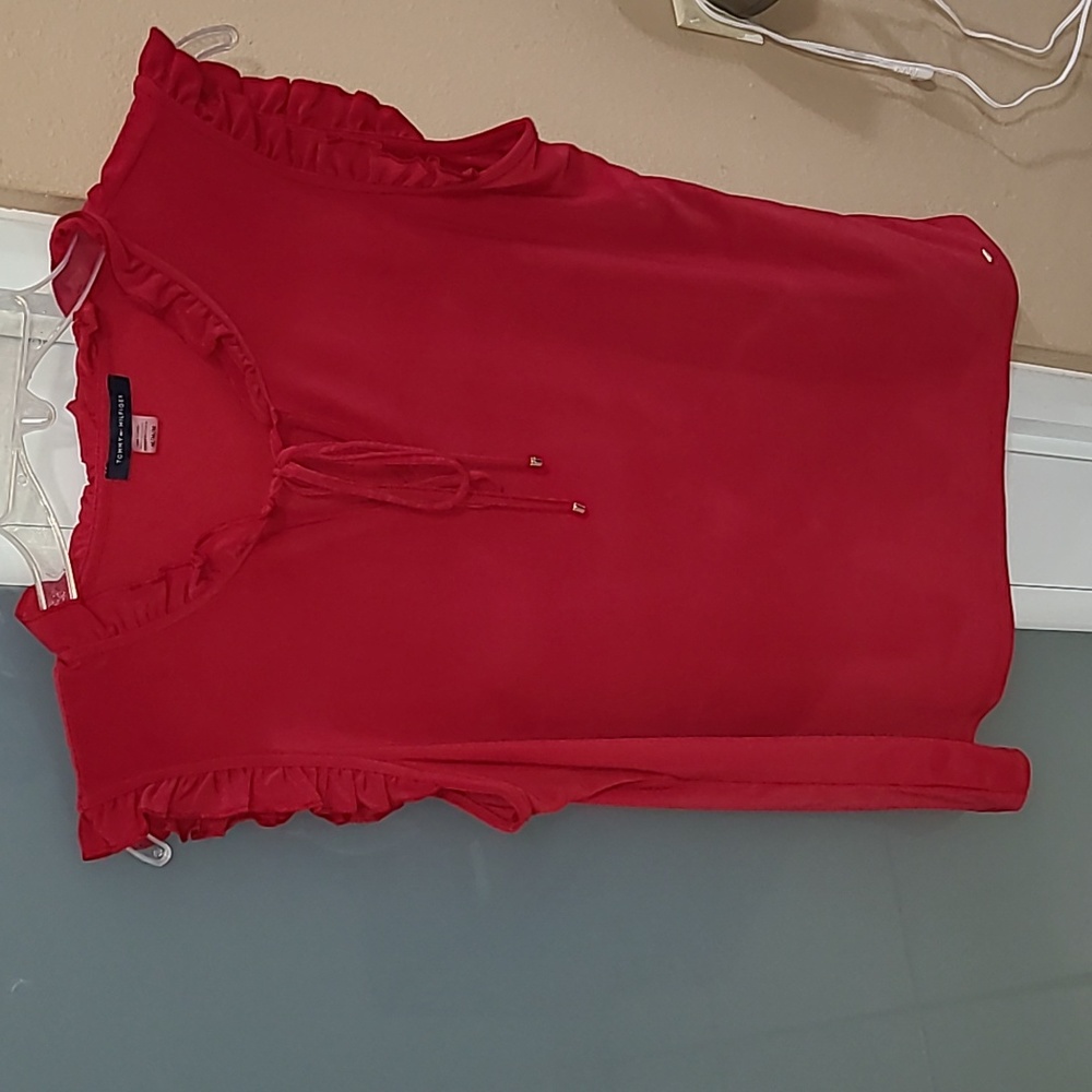Tommy Hilfiger Red Ruffle Tie Neck Top